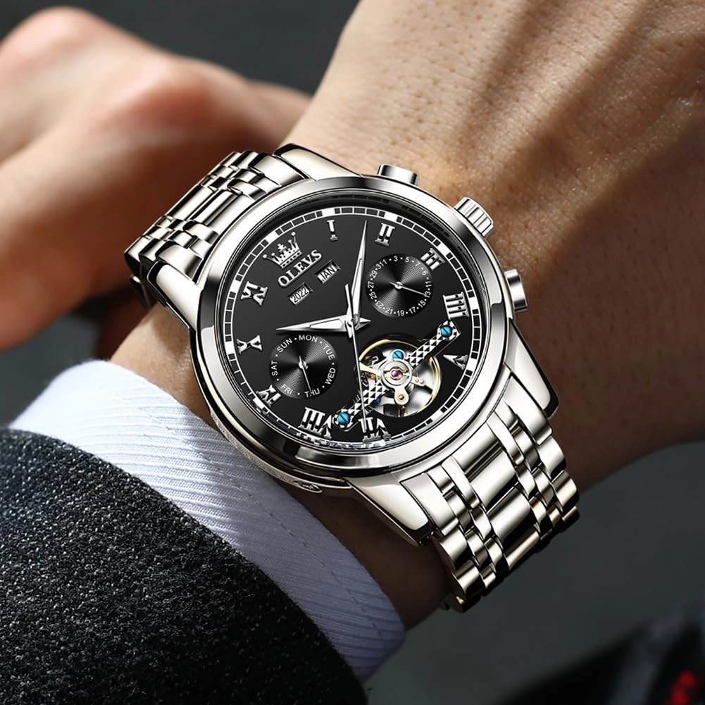 OLEVS Automatic Watch(No Battery Required) Men's Wrist Watches Self-Wind Mechanical Watches Fashion Classic Tourbillon Skeleton Watch Black Blue Green Face,Adjustable Bracelet (Gift Tool)