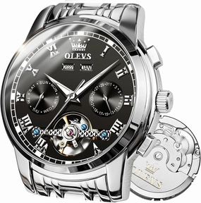 OLEVS Automatic Watch(No Battery Required) Men's Wrist Watches Self-Wind Mechanical Watches Fashion Classic Tourbillon Skeleton Watch Black Blue Green Face,Adjustable Bracelet (Gift Tool)