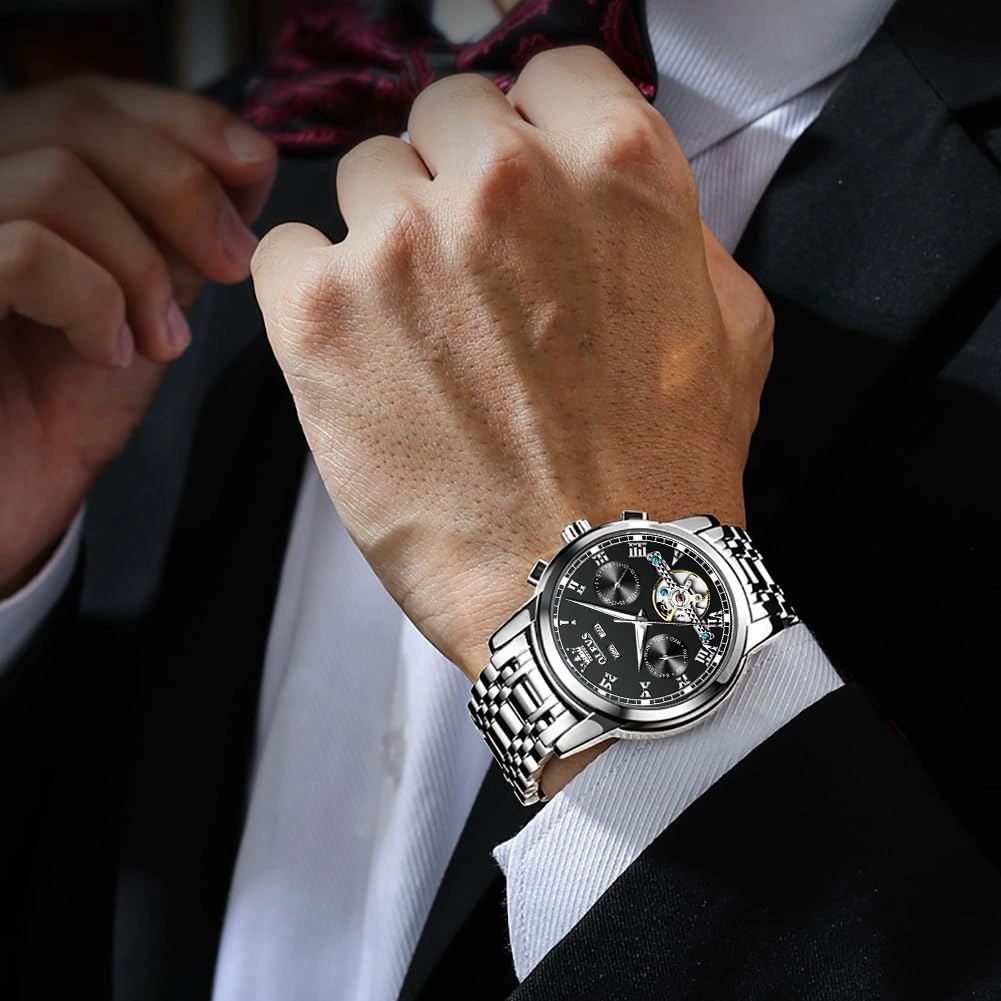 OLEVS Automatic Watch(No Battery Required) Men's Wrist Watches Self-Wind Mechanical Watches Fashion Classic Tourbillon Skeleton Watch Black Blue Green Face,Adjustable Bracelet (Gift Tool)