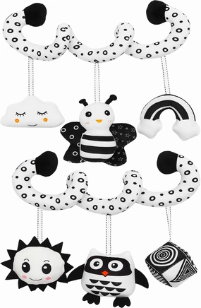 ONEST 2 Pieces Baby Spiral Hanging Stroller and Car Seat Toys Newborn Plush Activity Toy Black and White High Contrast Sensory Toys Bassinet Crib Carrier Gifts for 0-12 Months Baby
