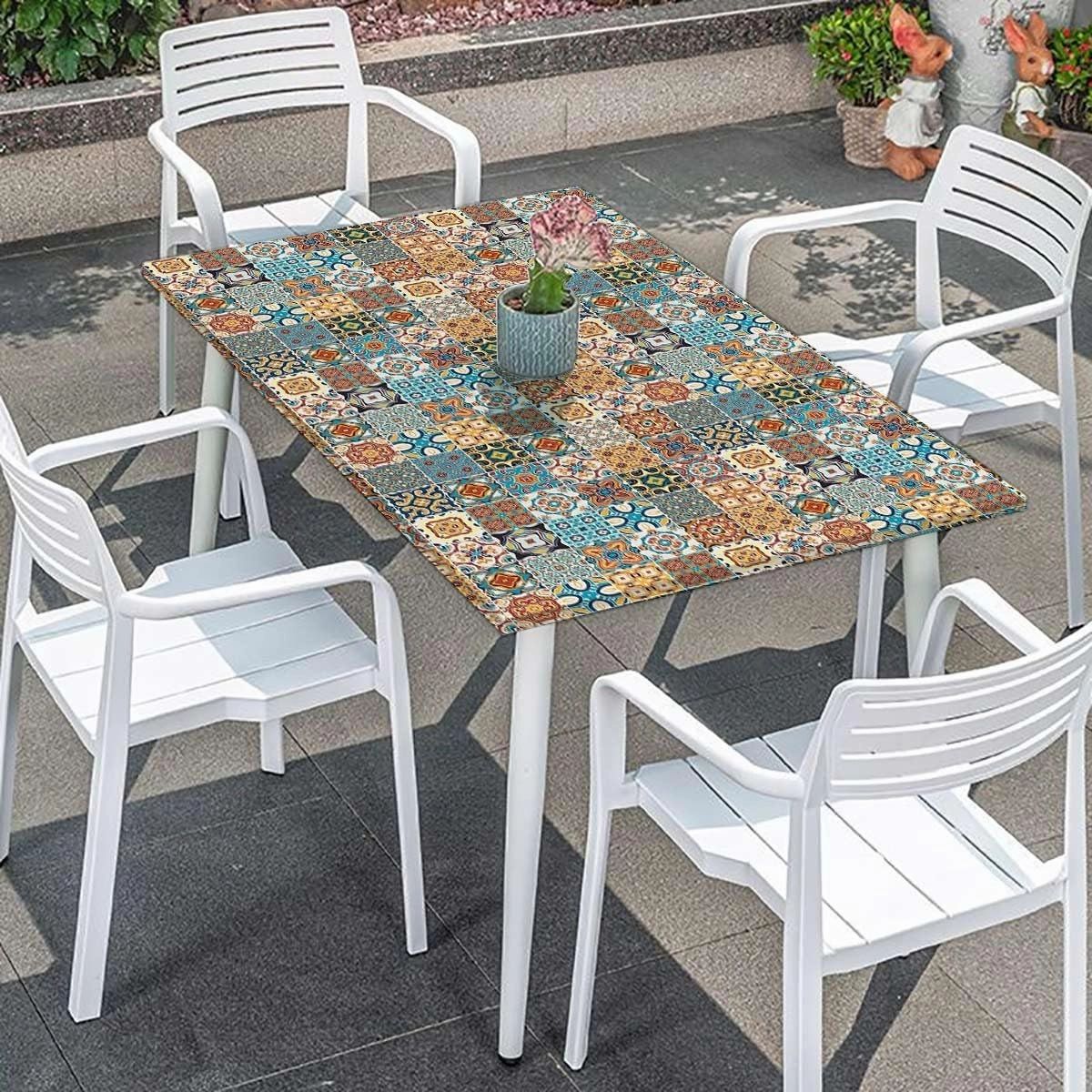 OOzie Multi Elastic Tablecloth for Indoors Outdoors Ceramic Tiles with Mathematical Geometrical Elastic Edge Fitted Tablecloth for Rectangle Table Coloful Fits up 4 Foot Tables