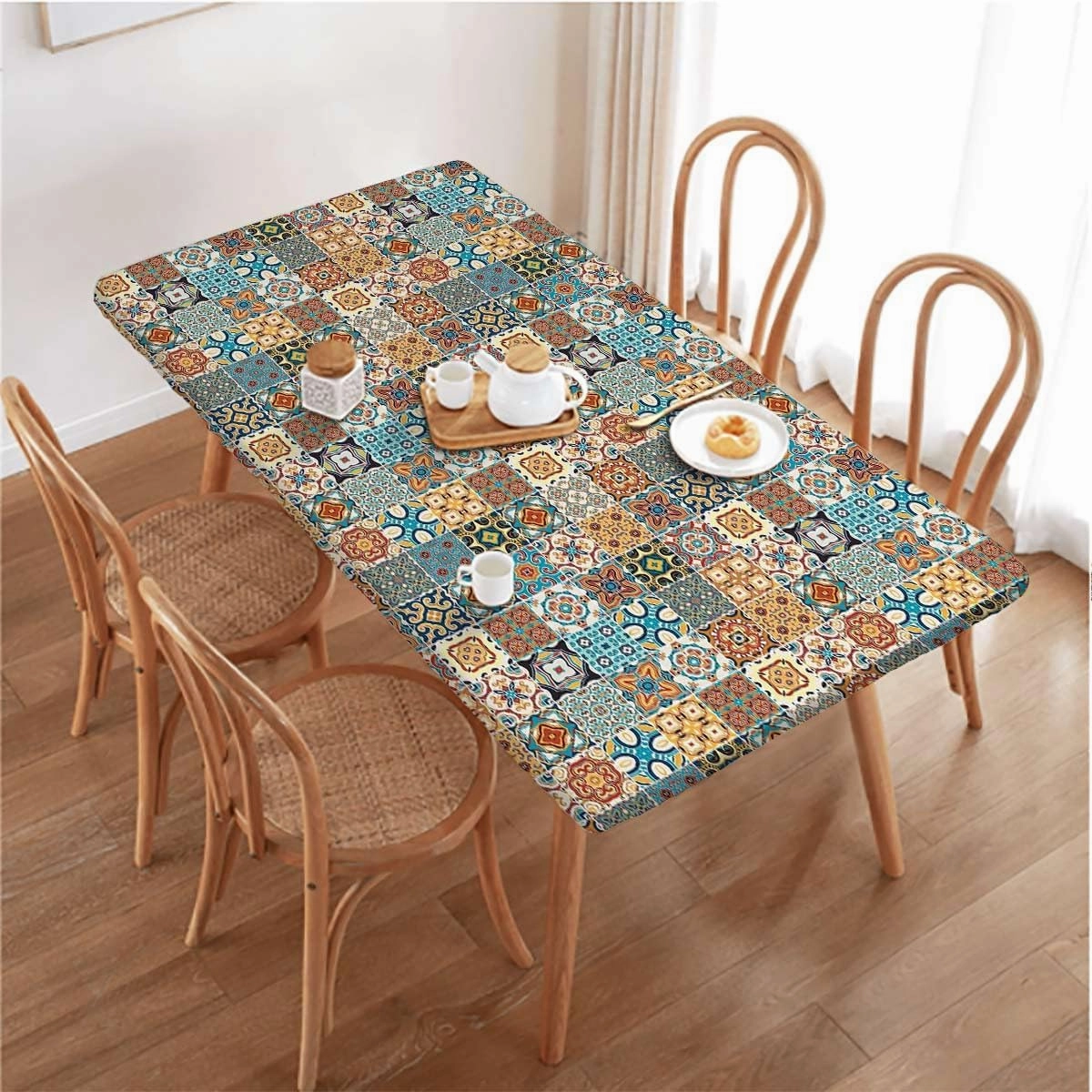 OOzie Multi Elastic Tablecloth for Indoors Outdoors Ceramic Tiles with Mathematical Geometrical Elastic Edge Fitted Tablecloth for Rectangle Table Coloful Fits up 4 Foot Tables