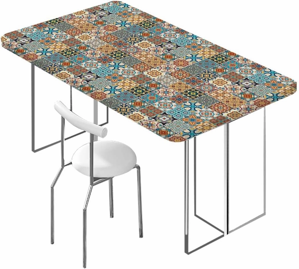 OOzie Multi Elastic Tablecloth for Indoors Outdoors Ceramic Tiles with Mathematical Geometrical Elastic Edge Fitted Tablecloth for Rectangle Table Coloful Fits up 4 Foot Tables