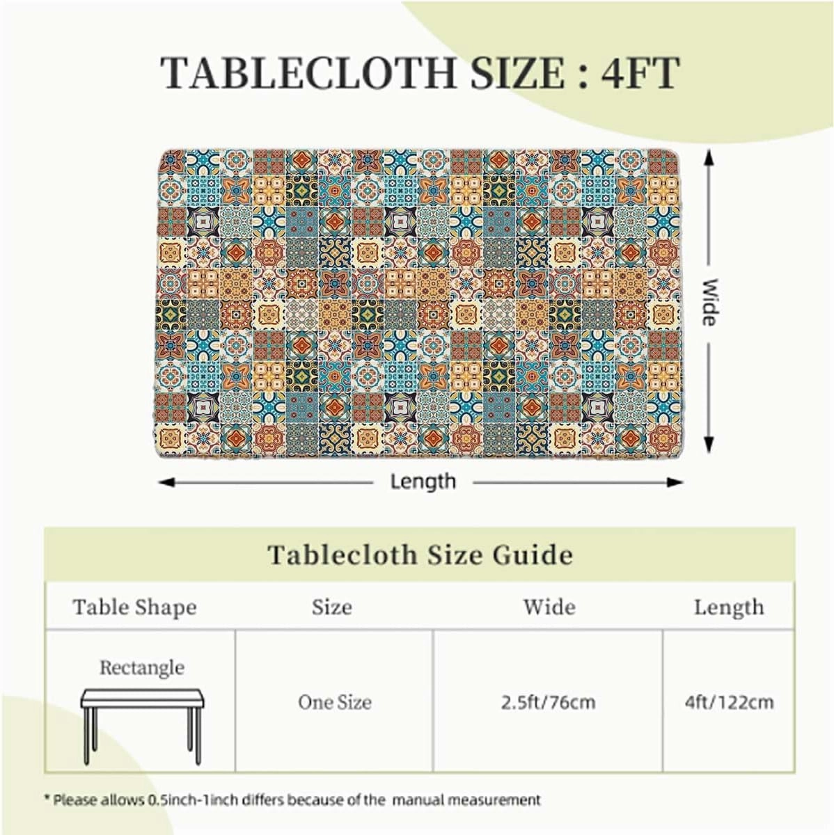 OOzie Multi Elastic Tablecloth for Indoors Outdoors Ceramic Tiles with Mathematical Geometrical Elastic Edge Fitted Tablecloth for Rectangle Table Coloful Fits up 4 Foot Tables