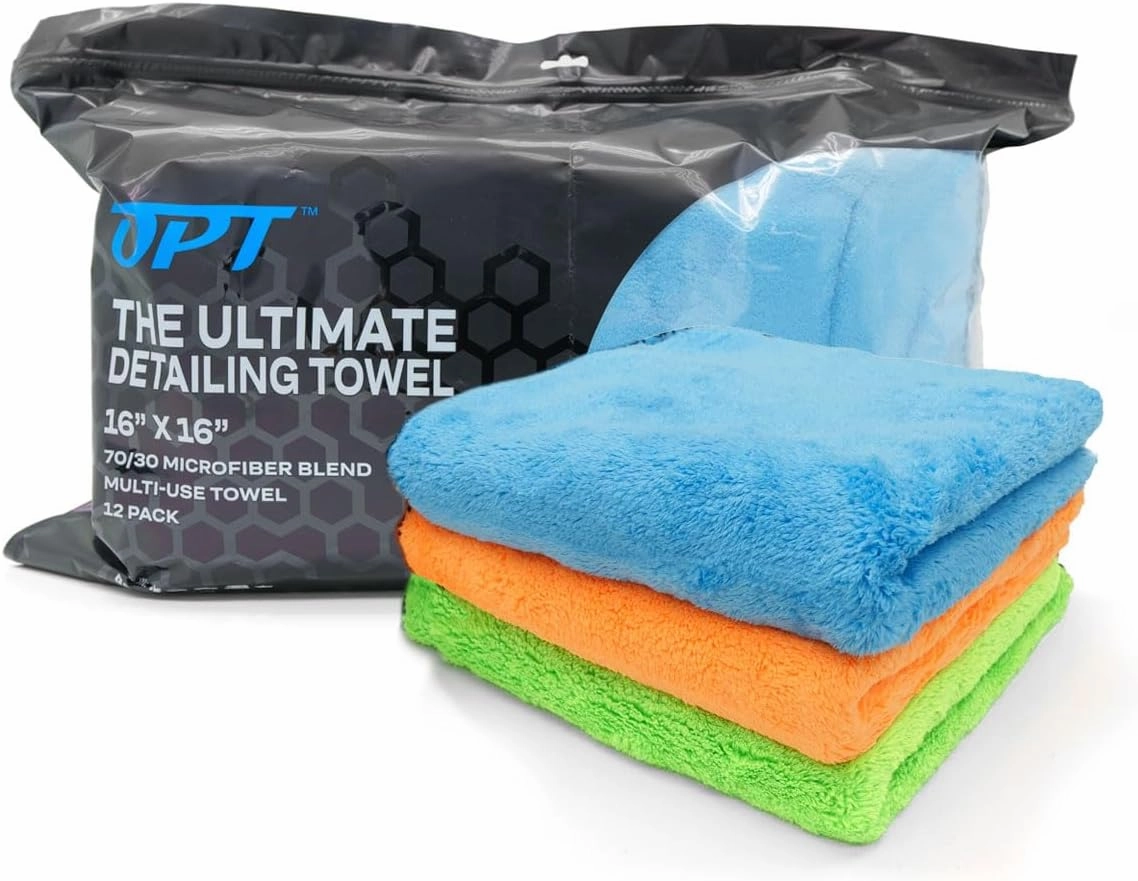 Optimum The Ultimate Detailing Towel – Microfiber Car Detailing Towel, 550 GSM, 16” x 16”, 70/30 Blend – 4 Green, 4 Blue, 4 Orange