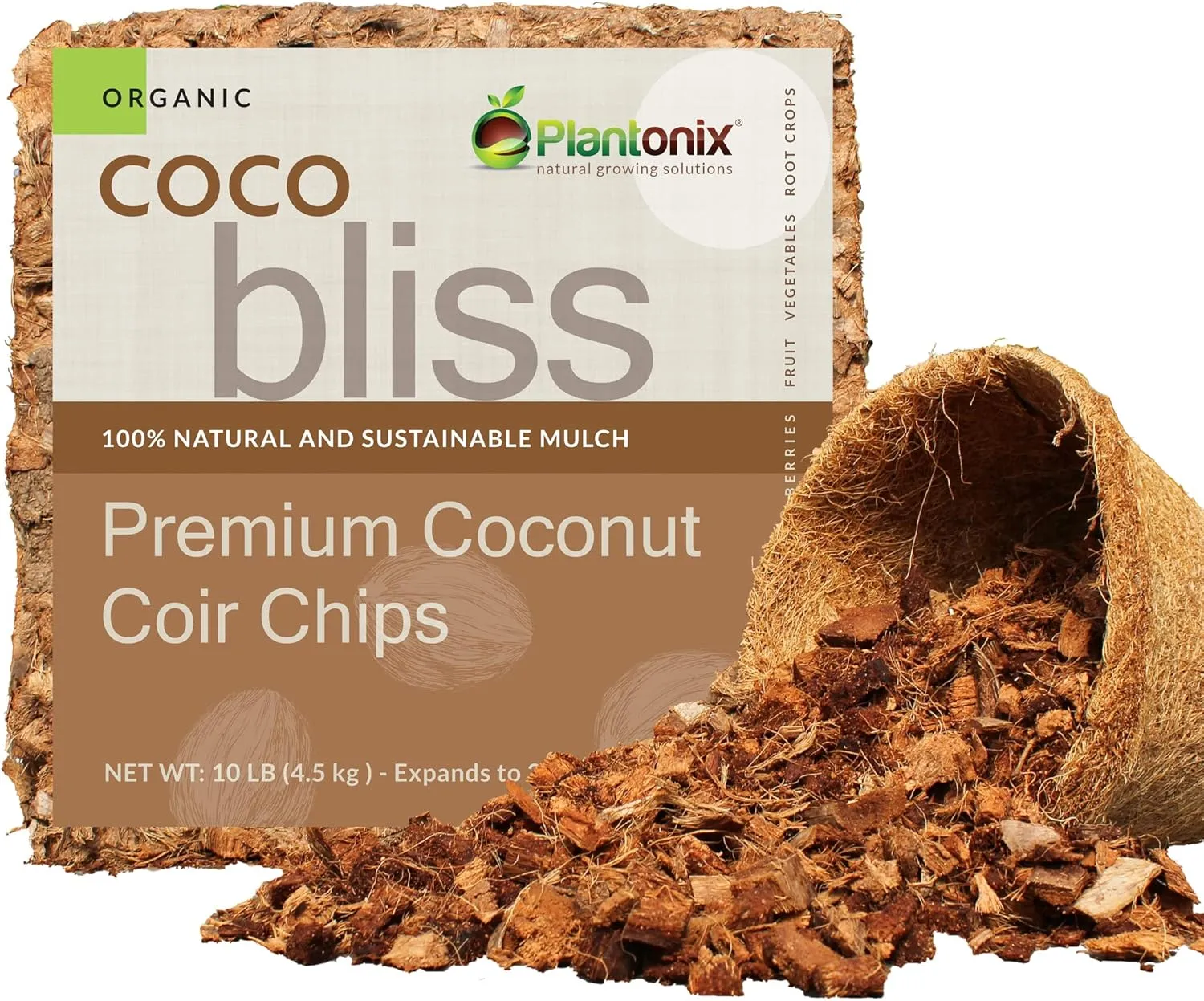 Organic Coco Chips for Plants (10lbs) - Coco Coir Chips - Coconut Husk Chips for Potting Soil, Garden Soil, & Seed Starter Soil - Coconut Mulch for Garden - Compressed Coconut Chips for Plants