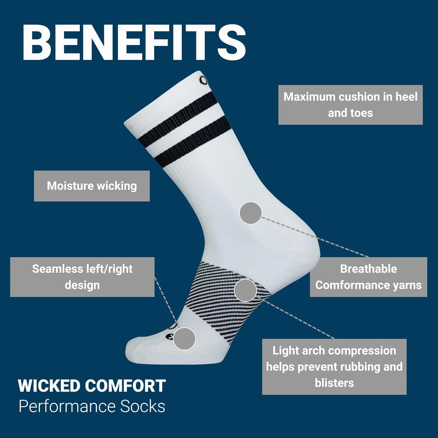 OS1st Wicked Comfort Crew Socks with light compression for maximum cushion, blister protection and breathable fabric