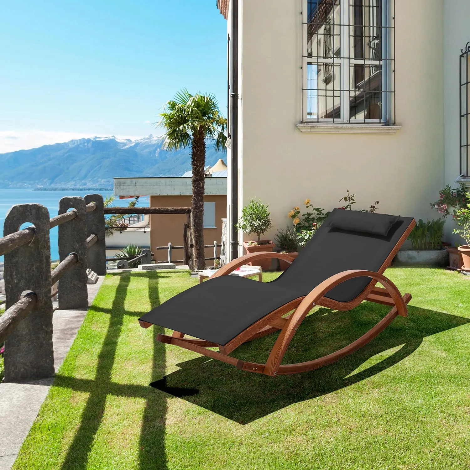 Outdoor Cedar Wood Patio Lounge - Outdoor Daybed with Black Textilene Fabric Patio Furniture Outdoor Bench - Lawn Chairs Backyard Furniture for Pool, Deck and Garden Area