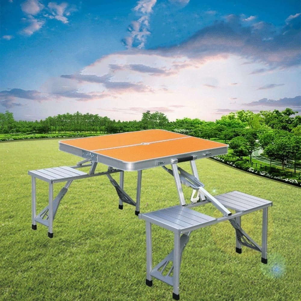 Outdoor Camping Folding Table and Chair One Table Four Chairs Aluminum Alloy Connected Simple Portable Folding Picnic Table,Orange (Blue)
