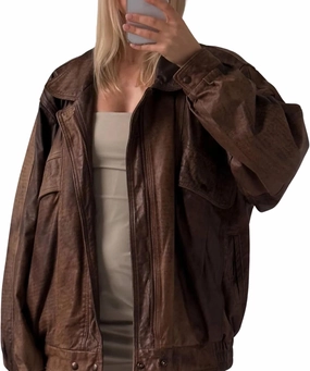Oversized Leather Jacket Women Real Lambskin Distressed Brown Coat Bomber Jacket