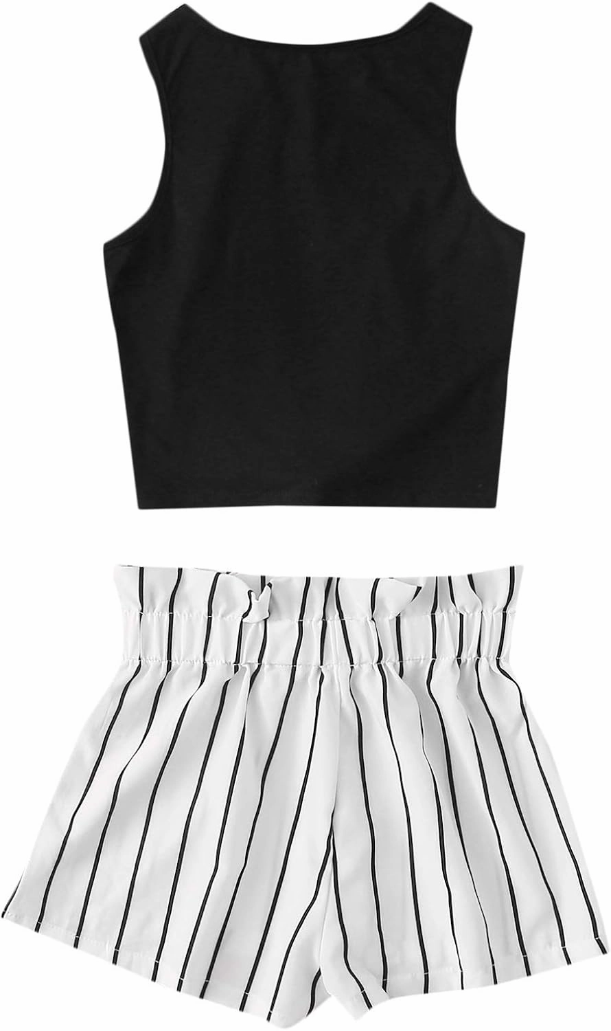 OYOANGLE Girl's 2 Piece Outfits Summer Tie Knot Tank Top and Paperbag Waist Striped Shorts Set