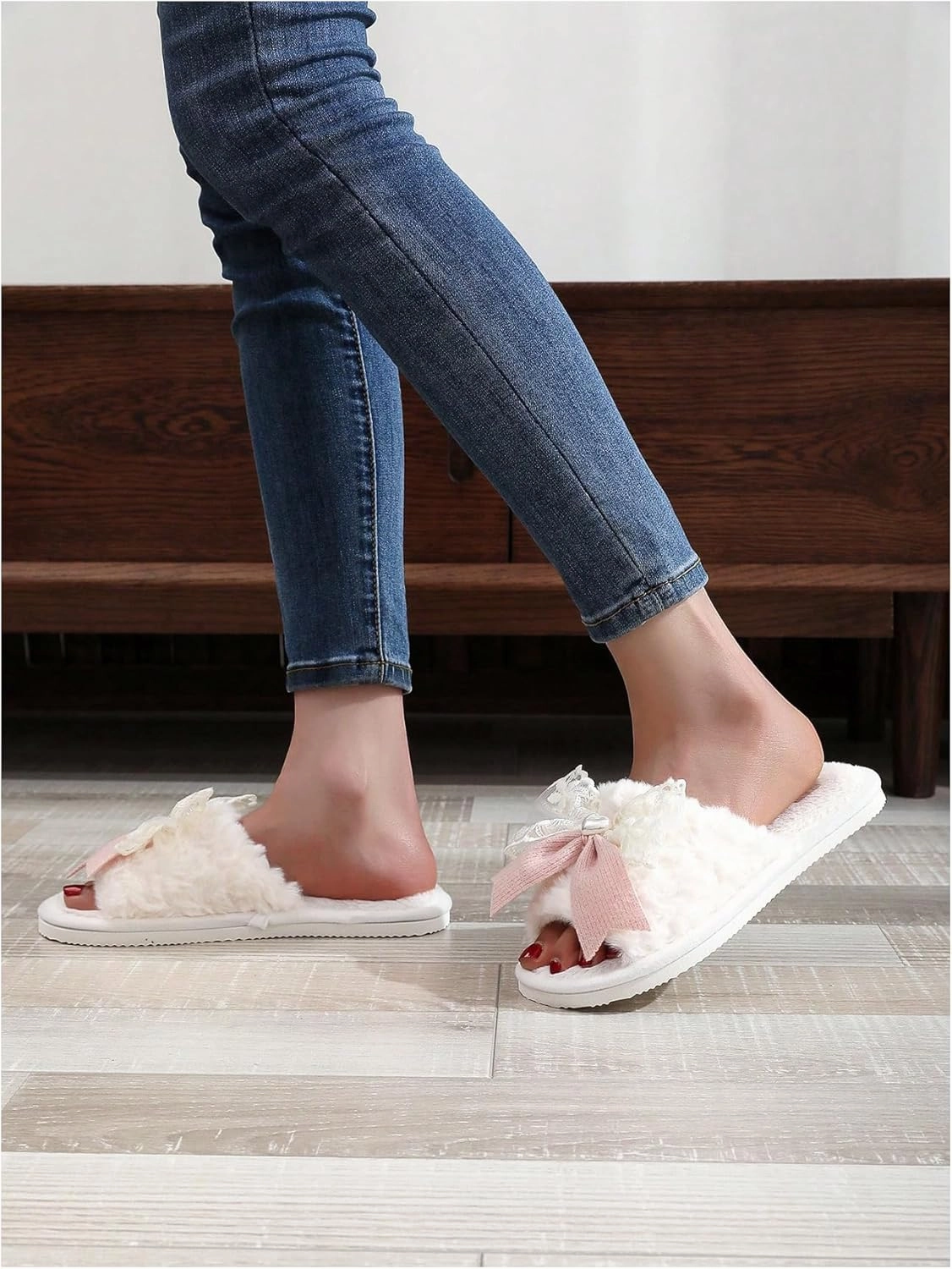 OYOANGLE Women's Bow Decor Lace Plush Slippers Furry Open Toe Cute Indoor Outdoor Slides Slippers