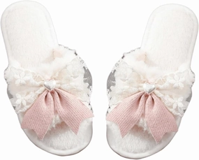 OYOANGLE Women's Bow Decor Lace Plush Slippers Furry Open Toe Cute Indoor Outdoor Slides Slippers