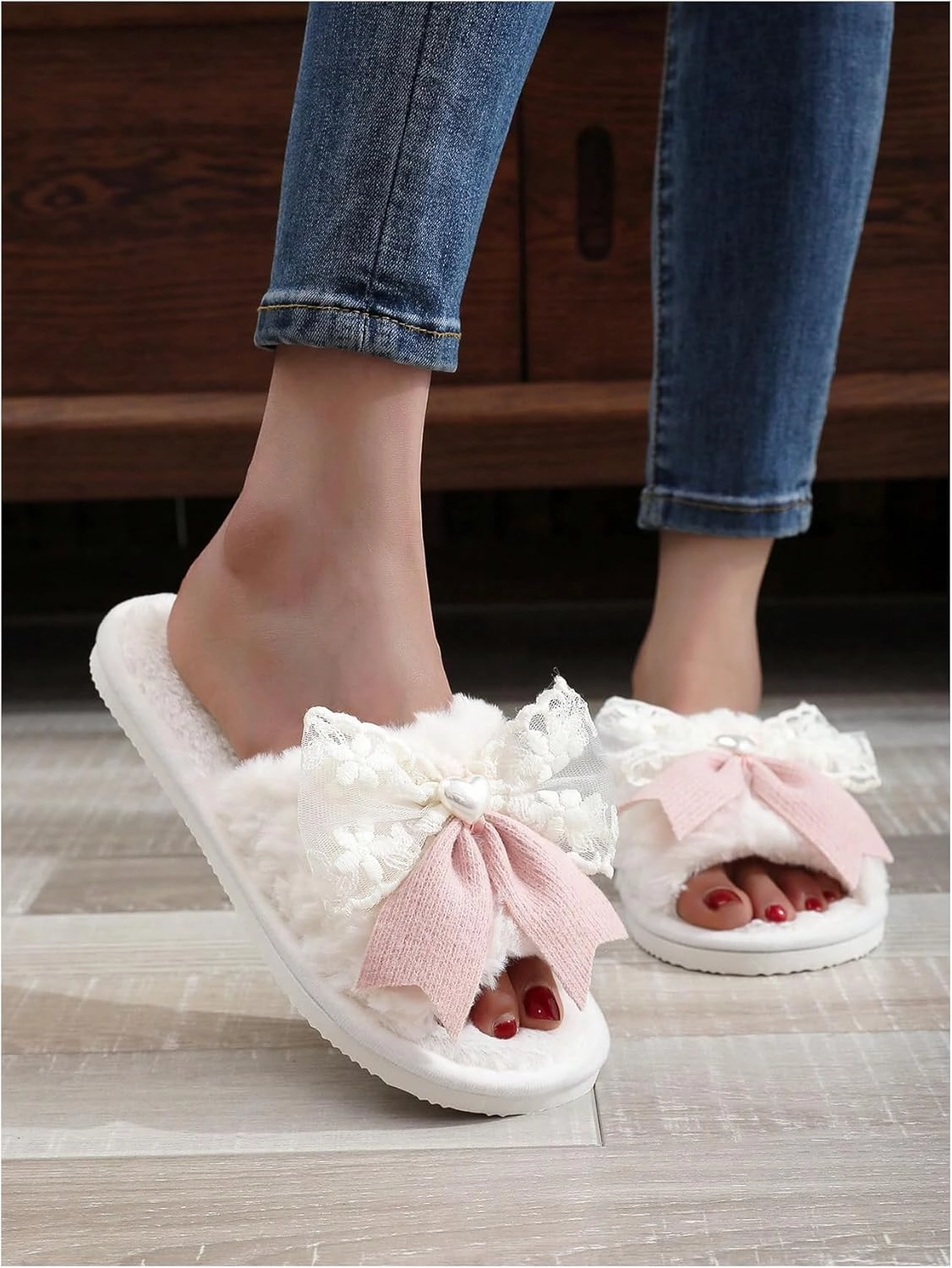 OYOANGLE Women's Bow Decor Lace Plush Slippers Furry Open Toe Cute Indoor Outdoor Slides Slippers