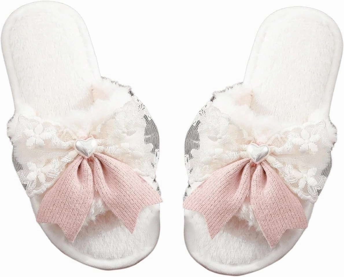 OYOANGLE Women's Bow Decor Lace Plush Slippers Furry Open Toe Cute Indoor Outdoor Slides Slippers