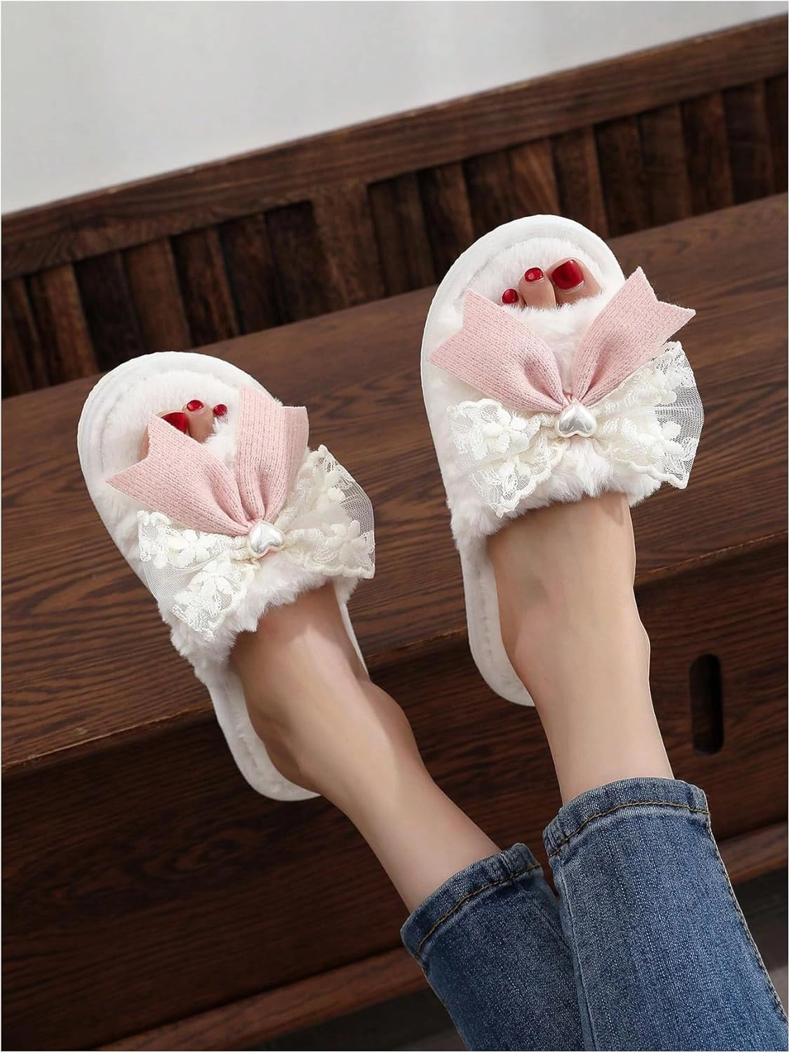 OYOANGLE Women's Bow Decor Lace Plush Slippers Furry Open Toe Cute Indoor Outdoor Slides Slippers