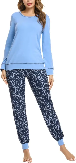 Pajama Sets for Women Cotton Sleepwear Pj Set Long Sleeve Top&Star Print Pants with Pockets