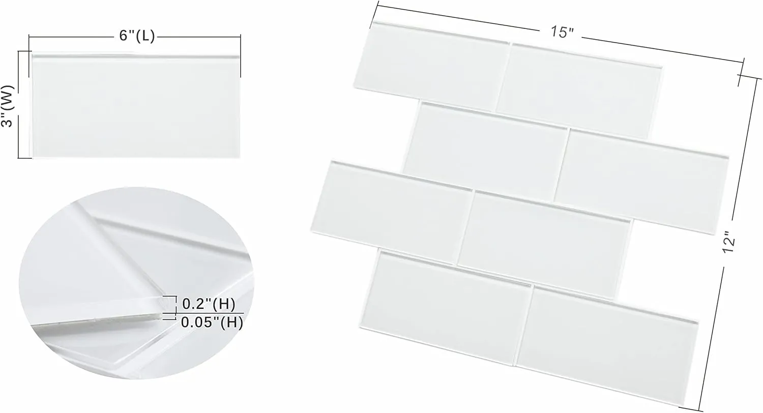 Peel and Stick Glass Tile, White Subway Tiles Peel and Stick Backsplash Stick on Glass Tiles for Kitchen Bathroom (5 Sheets, 5 SQ.FT.)