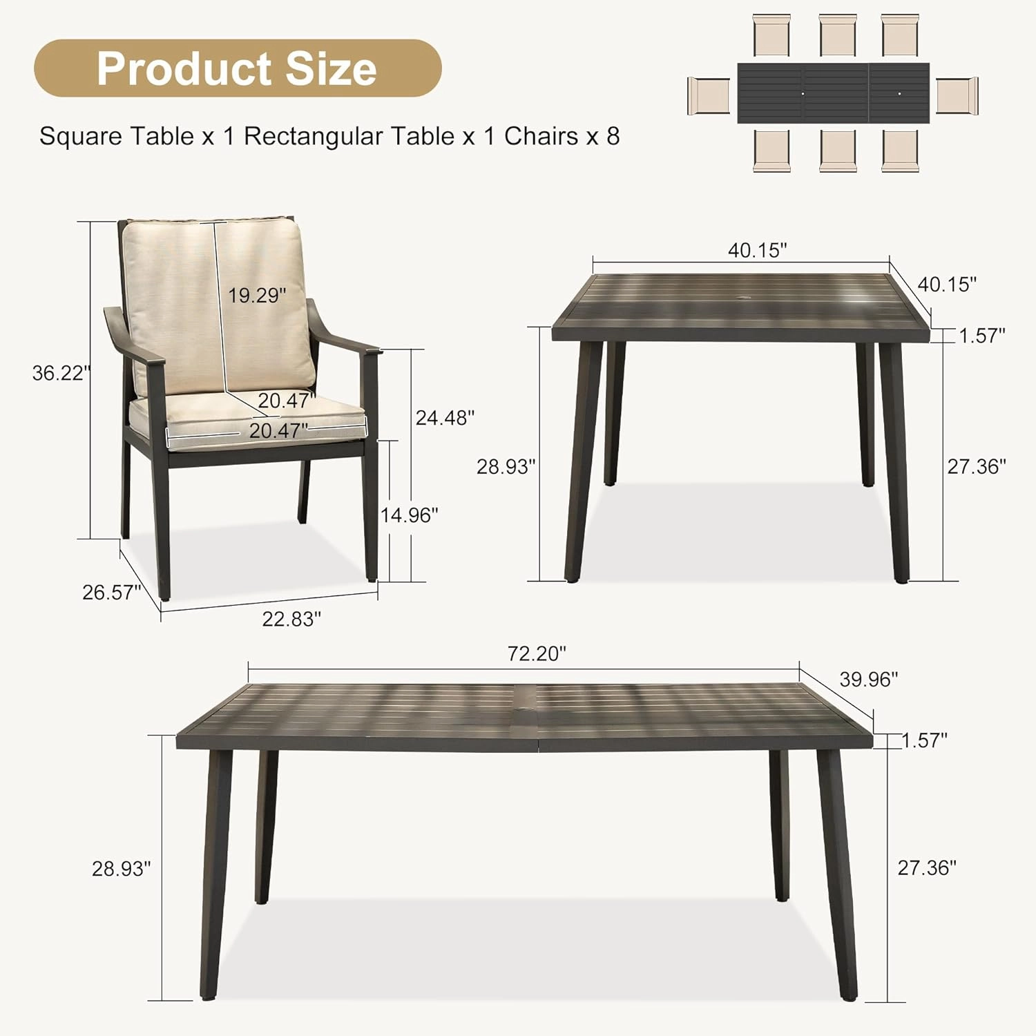 PERPLE Leaf 10 Pieces Outdoor Dining Set with 1.57" Umbrella Hole and Thick Cushion Heavy-Duty Metal Patio Dining Furniture Set with 2 Table and 8 Wicker Chairs for Lawn Garden Backyard