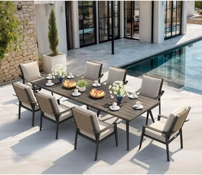 PERPLE Leaf 10 Pieces Outdoor Dining Set with 1.57" Umbrella Hole and Thick Cushion Heavy-Duty Metal Patio Dining Furniture Set with 2 Table and 8 Wicker Chairs for Lawn Garden Backyard