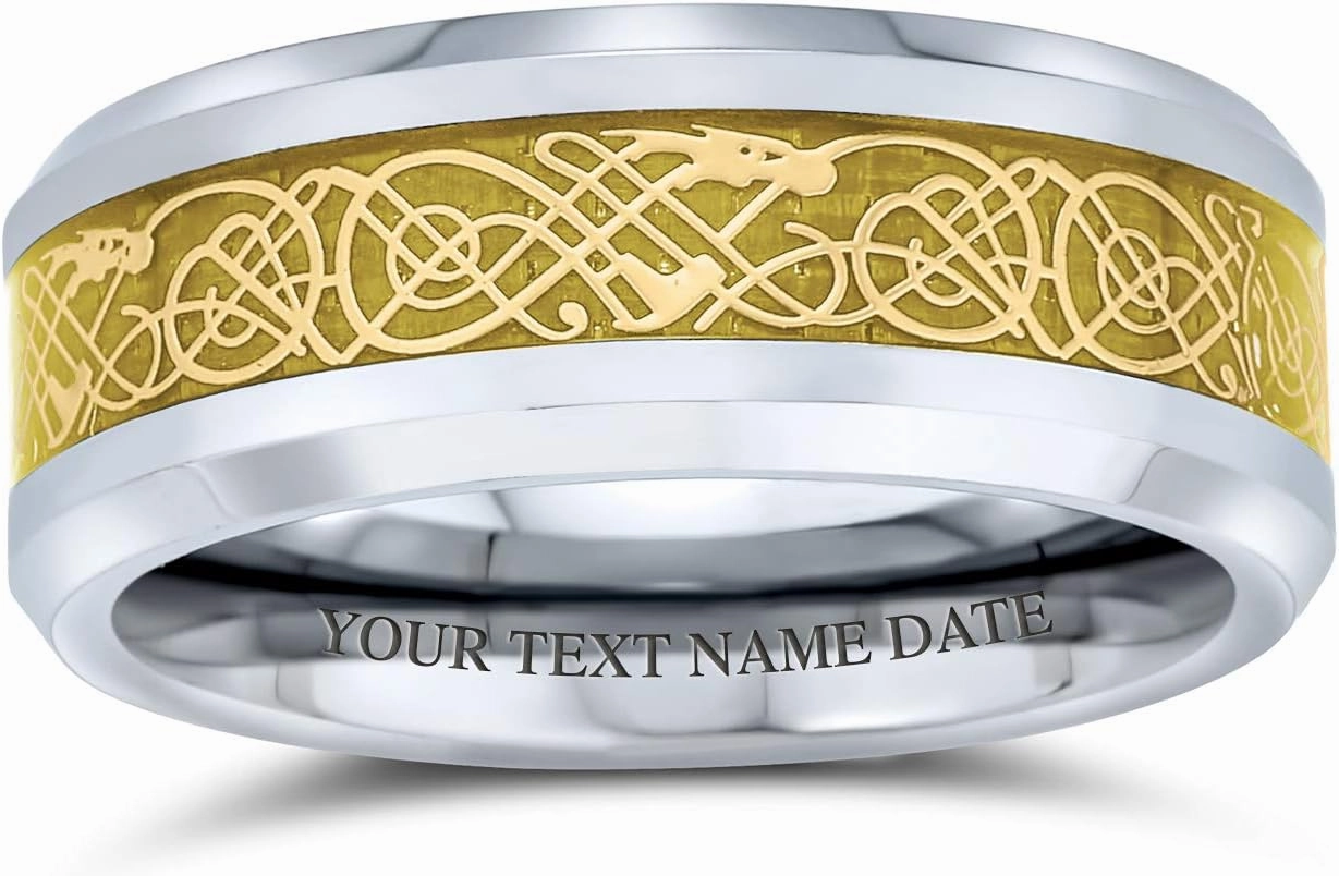 Personalize Two Tone Celtic Knot Dragon Carbon Fiber Inlay Couples Silver Gold Tones Titanium Wedding Band Rings For Men For Women Comfort Fit 8MM Wide In Blue Black Golden Colors Customizable