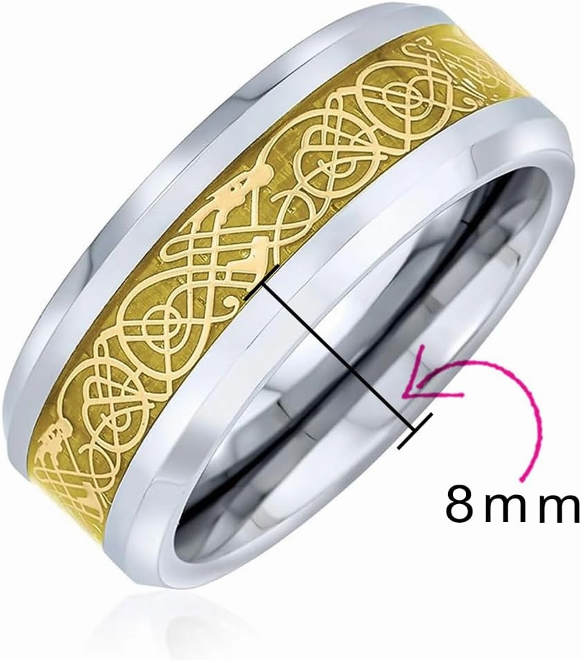 Personalize Two Tone Celtic Knot Dragon Carbon Fiber Inlay Couples Silver Gold Tones Titanium Wedding Band Rings For Men For Women Comfort Fit 8MM Wide In Blue Black Golden Colors Customizable