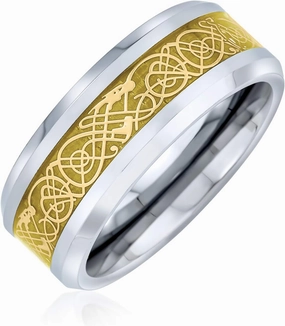 Personalize Two Tone Celtic Knot Dragon Carbon Fiber Inlay Couples Silver Gold Tones Titanium Wedding Band Rings For Men For Women Comfort Fit 8MM Wide In Blue Black Golden Colors Customizable