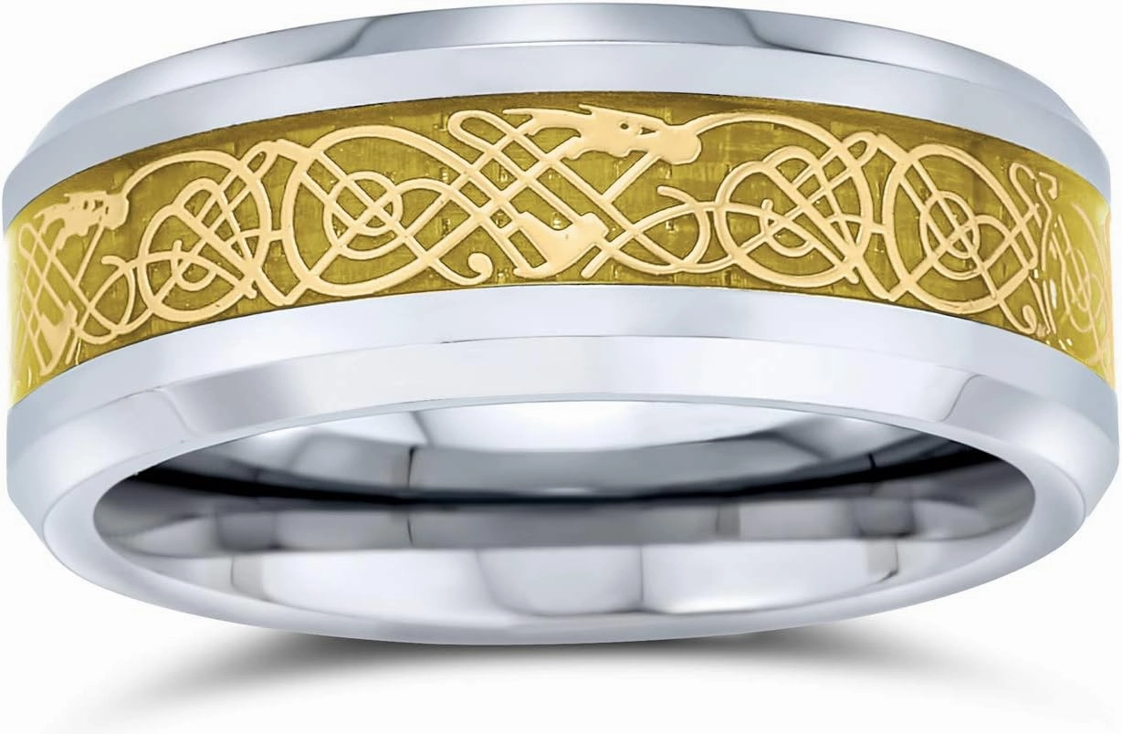 Personalize Two Tone Celtic Knot Dragon Carbon Fiber Inlay Couples Silver Gold Tones Titanium Wedding Band Rings For Men For Women Comfort Fit 8MM Wide In Blue Black Golden Colors Customizable