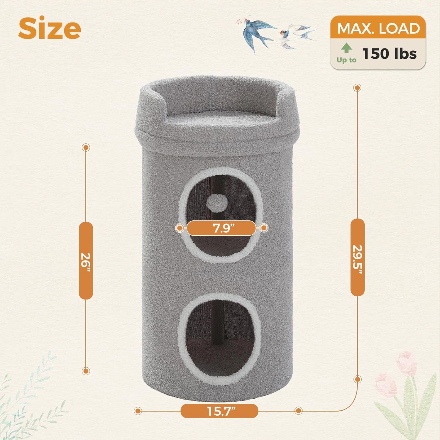 PETEPELA 2-Level Cat Beds for Indoor Cats, Small Cat Tree House with Removable Bed, Cute Cat Cave Hideaway, Indoor Condo for Large Cats, 16X16X29 Inches, Grey