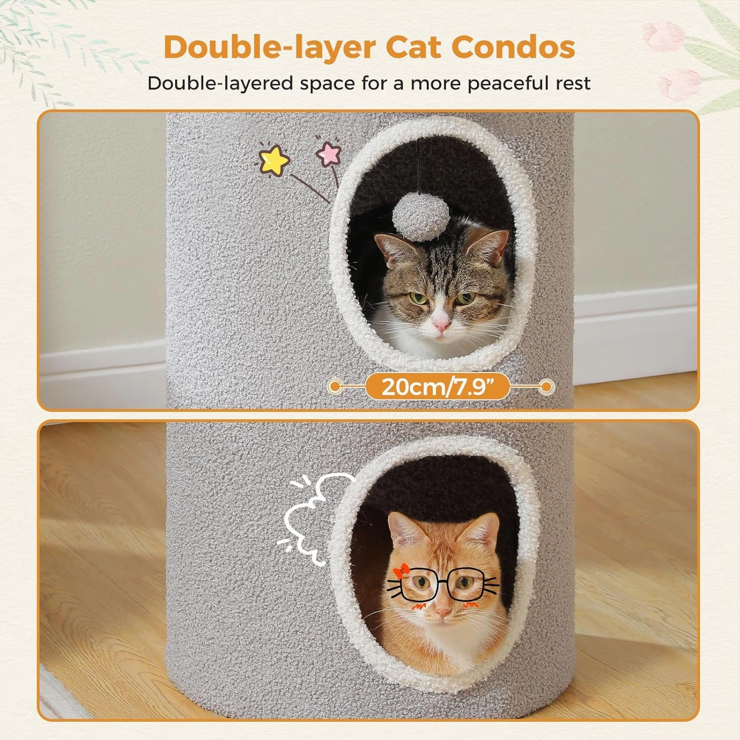 PETEPELA 2-Level Cat Beds for Indoor Cats, Small Cat Tree House with Removable Bed, Cute Cat Cave Hideaway, Indoor Condo for Large Cats, 16X16X29 Inches, Grey