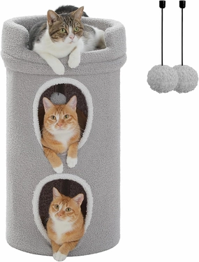 PETEPELA 2-Level Cat Beds for Indoor Cats, Small Cat Tree House with Removable Bed, Cute Cat Cave Hideaway, Indoor Condo for Large Cats, 16X16X29 Inches, Grey