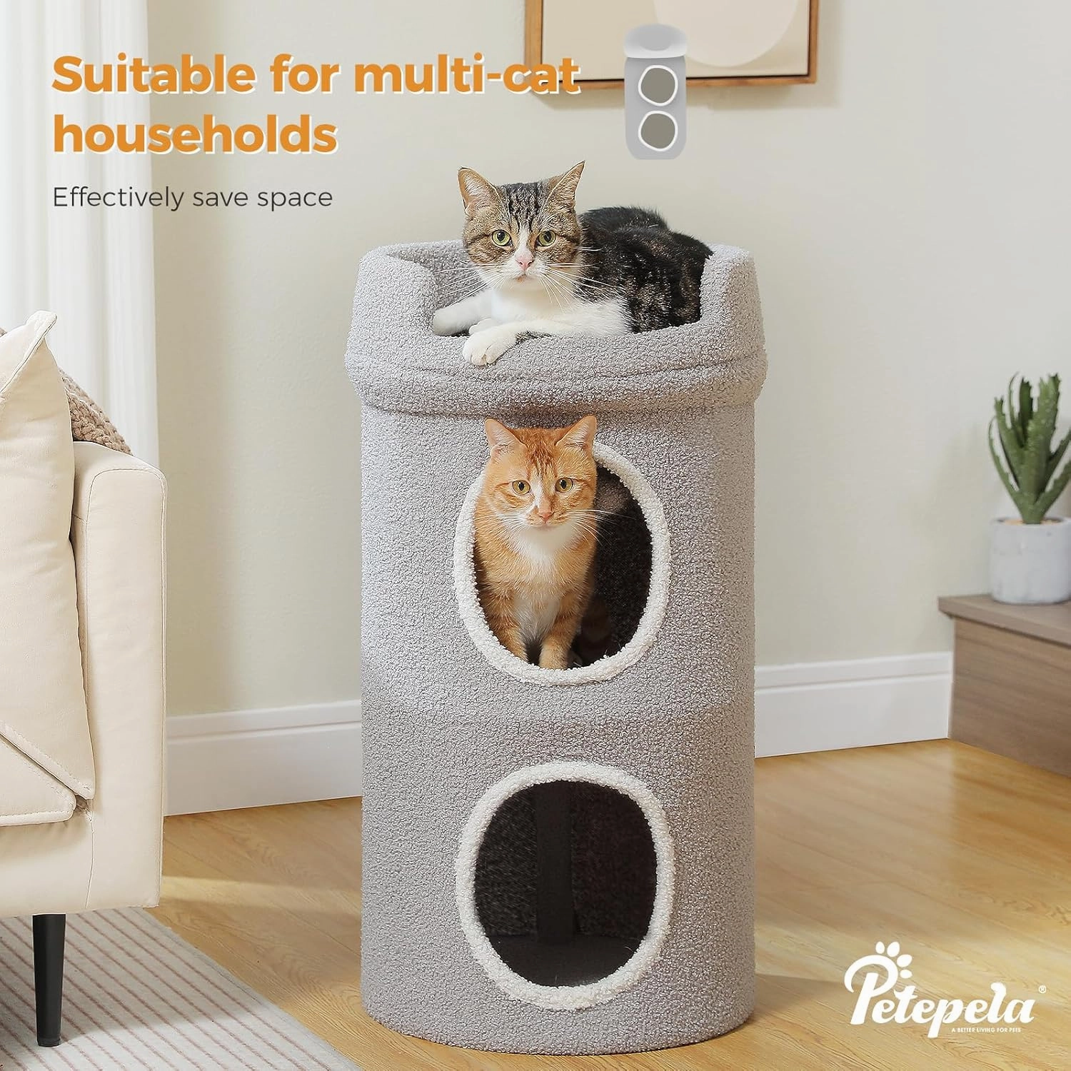 PETEPELA 2-Level Cat Beds for Indoor Cats, Small Cat Tree House with Removable Bed, Cute Cat Cave Hideaway, Indoor Condo for Large Cats, 16X16X29 Inches, Grey