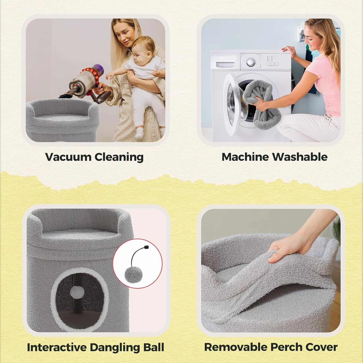PETEPELA 2-Level Cat Beds for Indoor Cats, Small Cat Tree House with Removable Bed, Cute Cat Cave Hideaway, Indoor Condo for Large Cats, 16X16X29 Inches, Grey