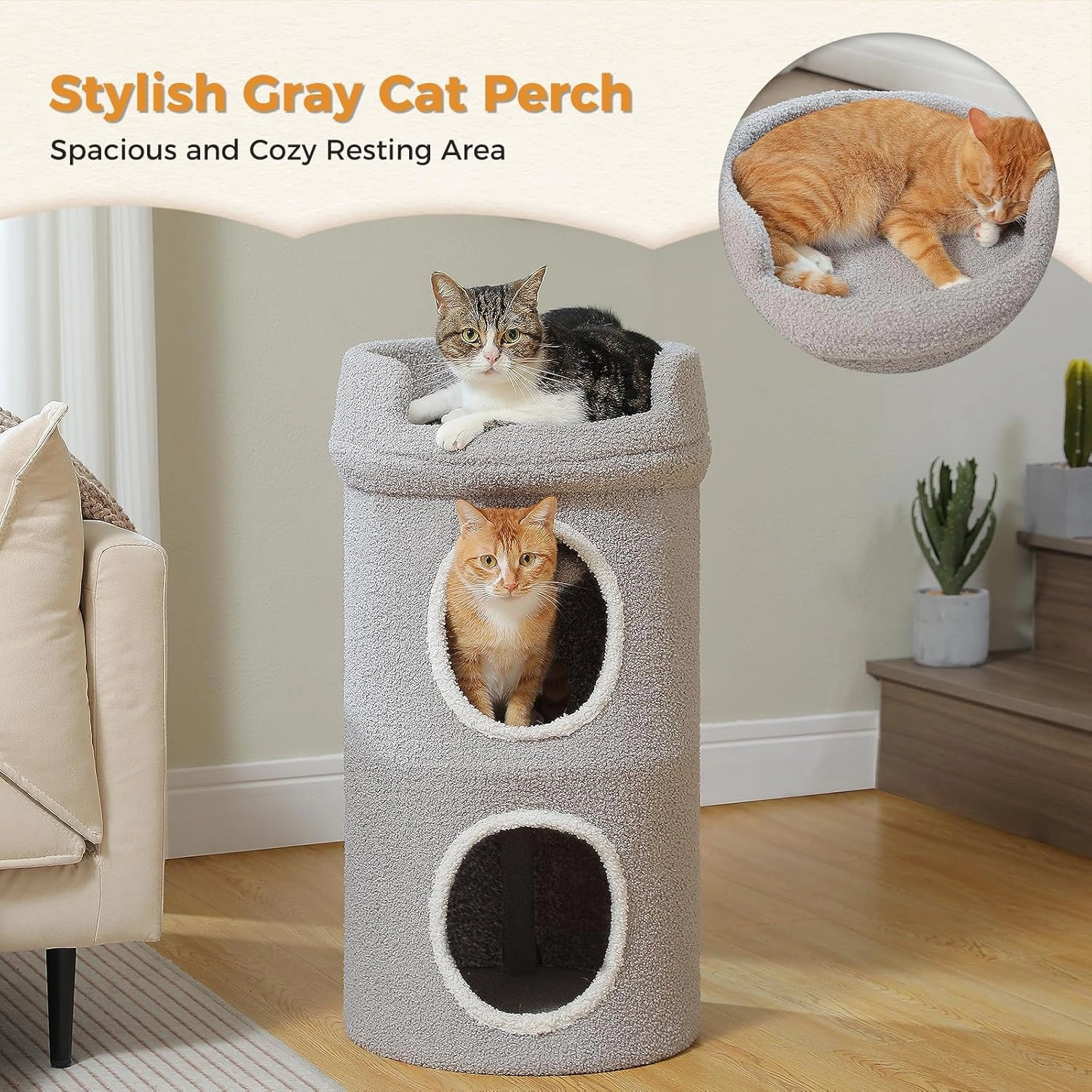 PETEPELA 2-Level Cat Beds for Indoor Cats, Small Cat Tree House with Removable Bed, Cute Cat Cave Hideaway, Indoor Condo for Large Cats, 16X16X29 Inches, Grey