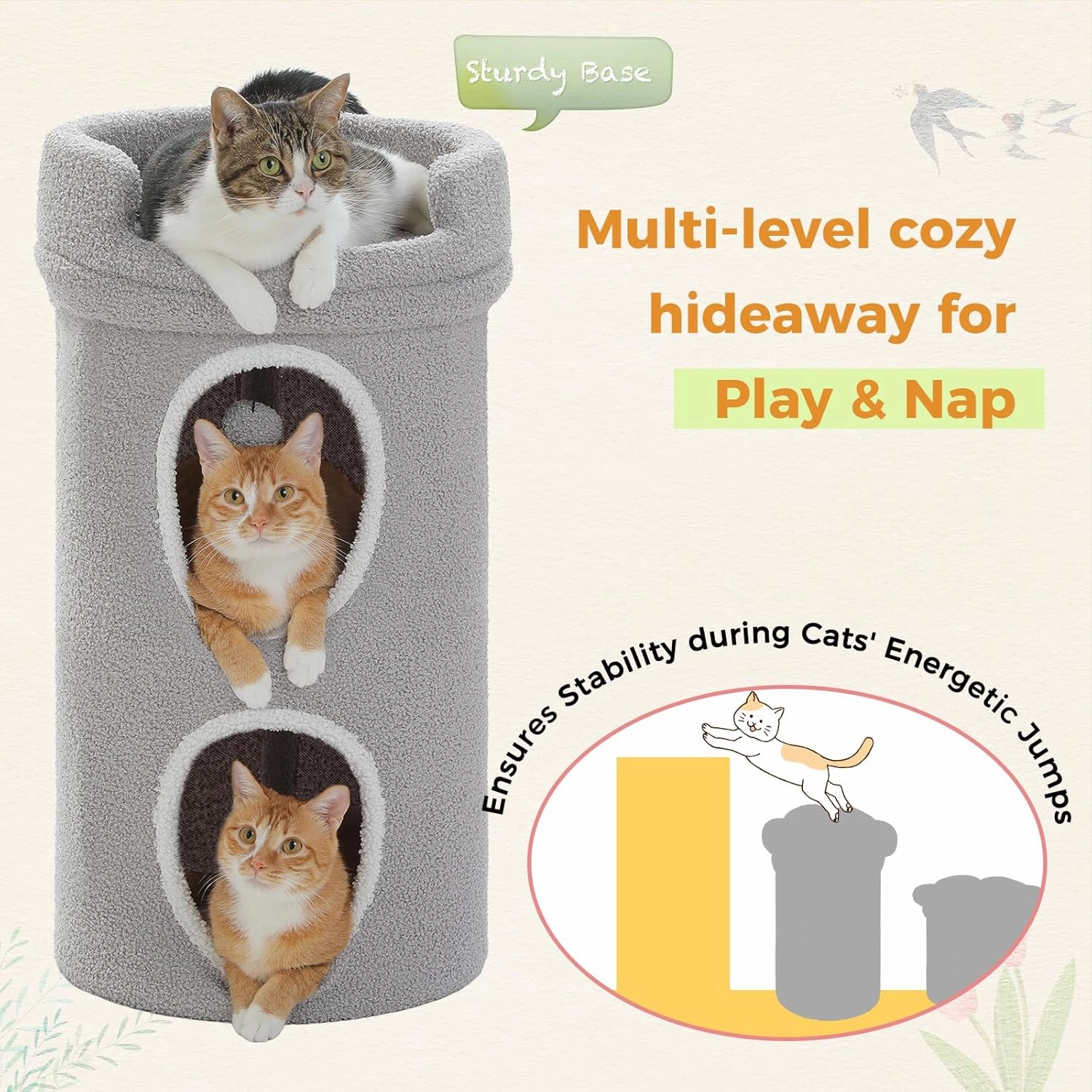 PETEPELA 2-Level Cat Beds for Indoor Cats, Small Cat Tree House with Removable Bed, Cute Cat Cave Hideaway, Indoor Condo for Large Cats, 16X16X29 Inches, Grey