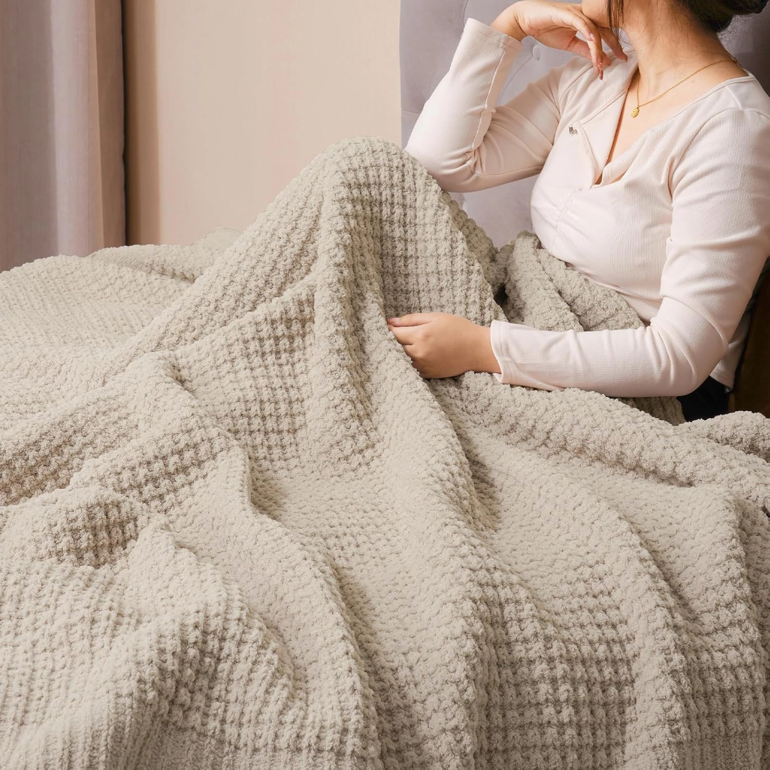 PHF Chenille Waffle Knit Blanket Twin Size- Plush Warm & Cozy 60" x 80" Ultra Soft Blanket- Chunky Fluffy Waffle Bedding for Home Decor - Natural