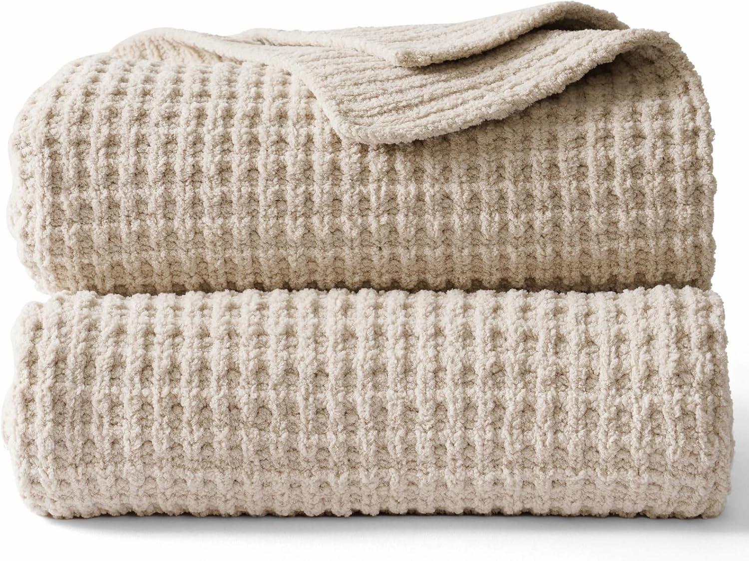 PHF Chenille Waffle Knit Blanket Twin Size- Plush Warm & Cozy 60" x 80" Ultra Soft Blanket- Chunky Fluffy Waffle Bedding for Home Decor - Natural