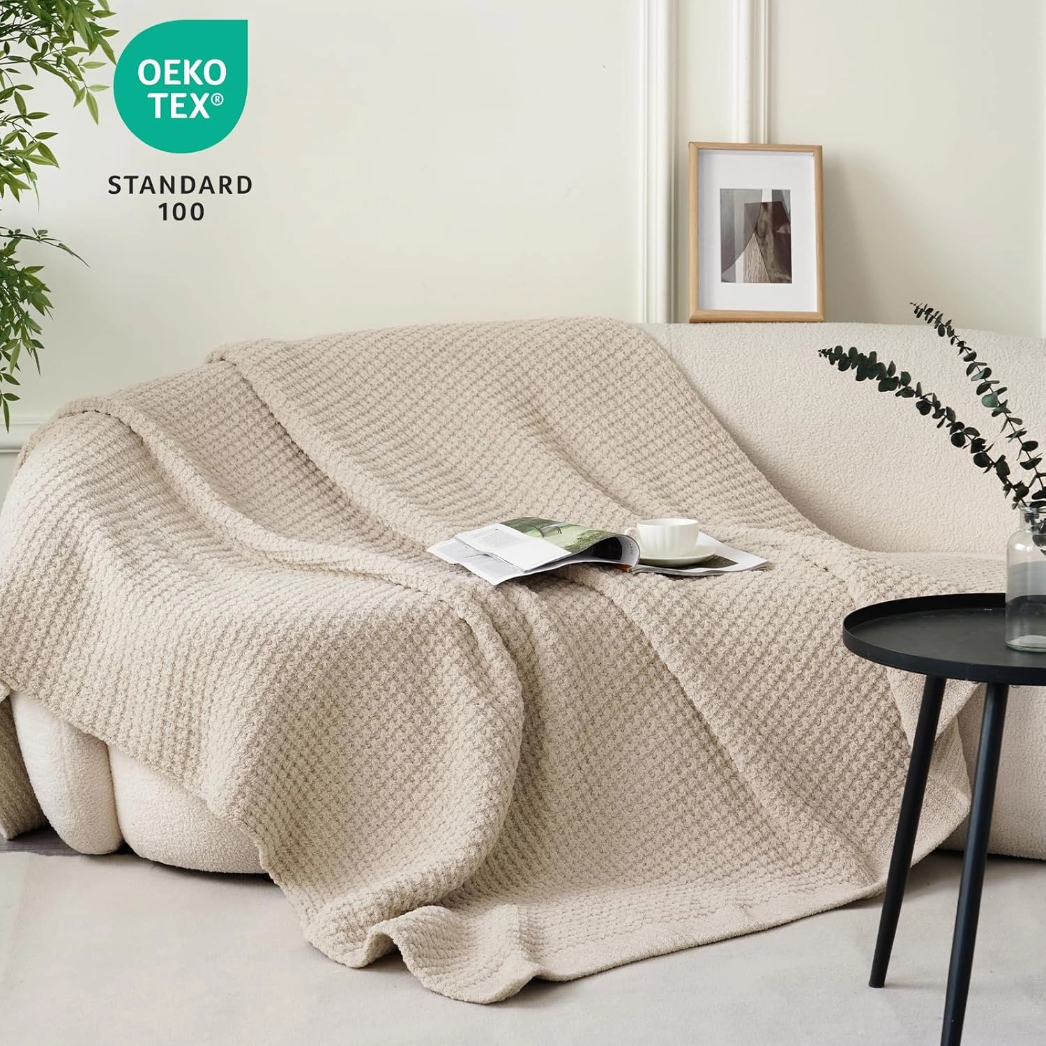 PHF Chenille Waffle Knit Blanket Twin Size- Plush Warm & Cozy 60" x 80" Ultra Soft Blanket- Chunky Fluffy Waffle Bedding for Home Decor - Natural