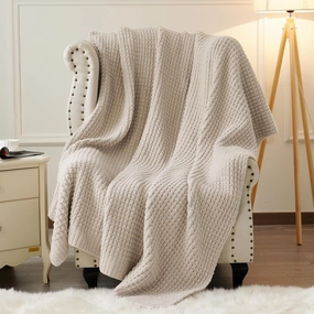 PHF Chenille Waffle Knit Blanket Twin Size- Plush Warm & Cozy 60" x 80" Ultra Soft Blanket- Chunky Fluffy Waffle Bedding for Home Decor - Natural