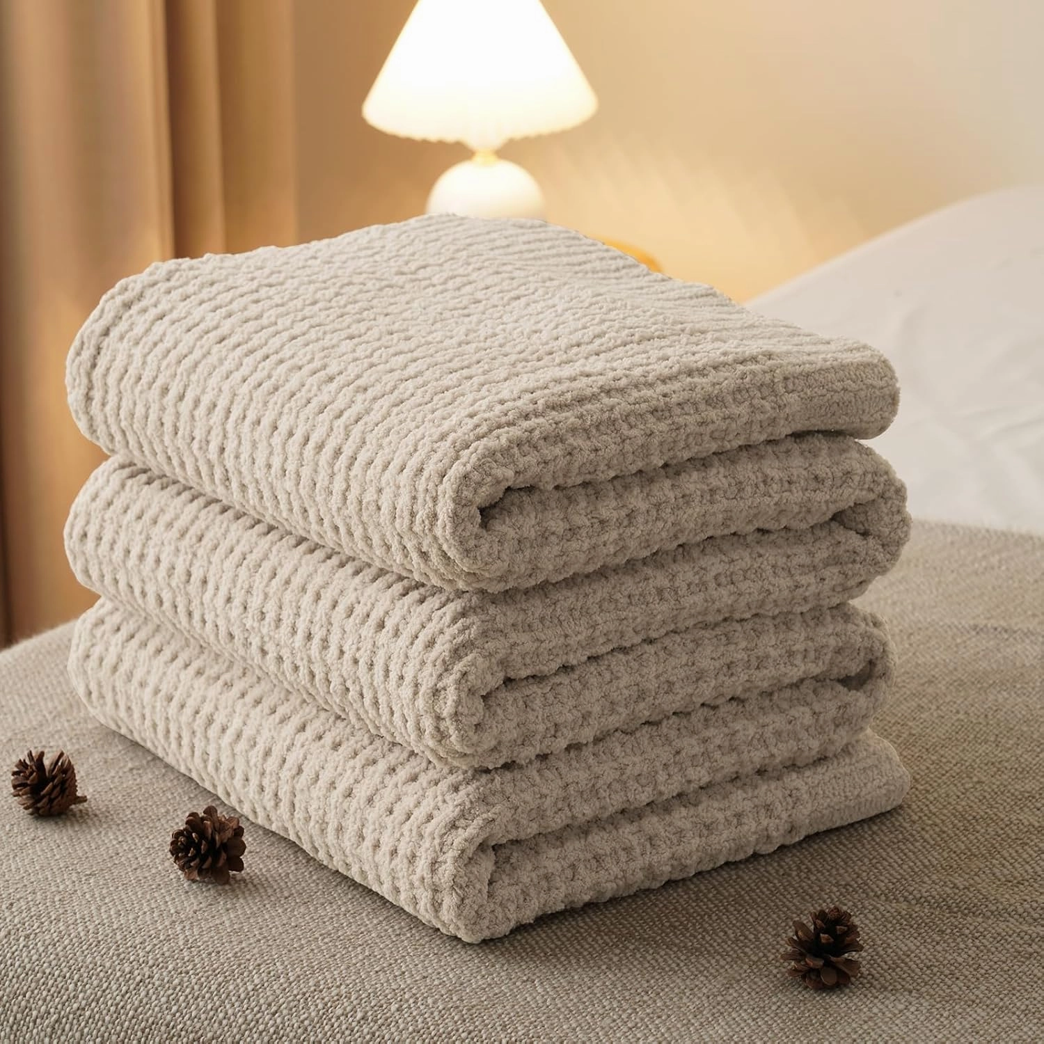 PHF Chenille Waffle Knit Blanket Twin Size- Plush Warm & Cozy 60" x 80" Ultra Soft Blanket- Chunky Fluffy Waffle Bedding for Home Decor - Natural