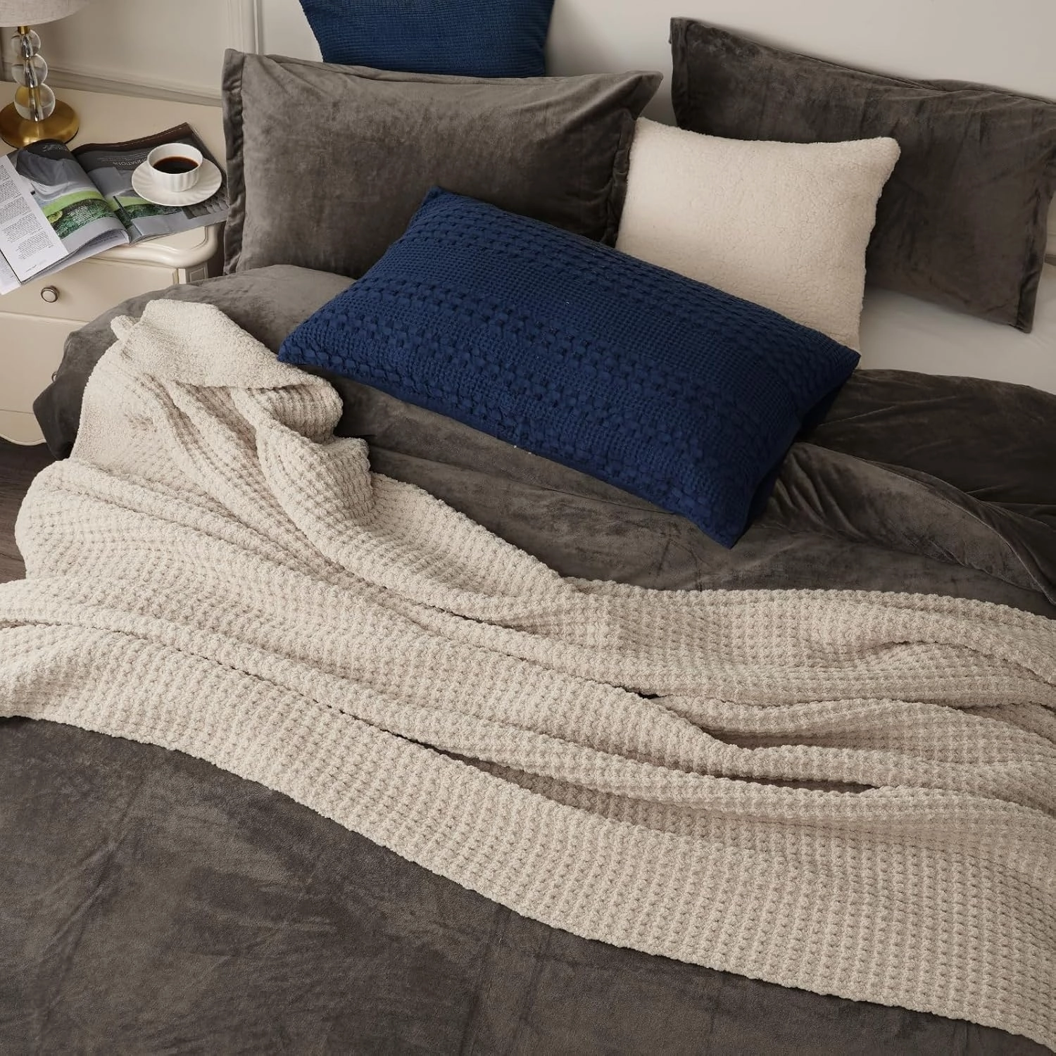 PHF Chenille Waffle Knit Blanket Twin Size- Plush Warm & Cozy 60" x 80" Ultra Soft Blanket- Chunky Fluffy Waffle Bedding for Home Decor - Natural