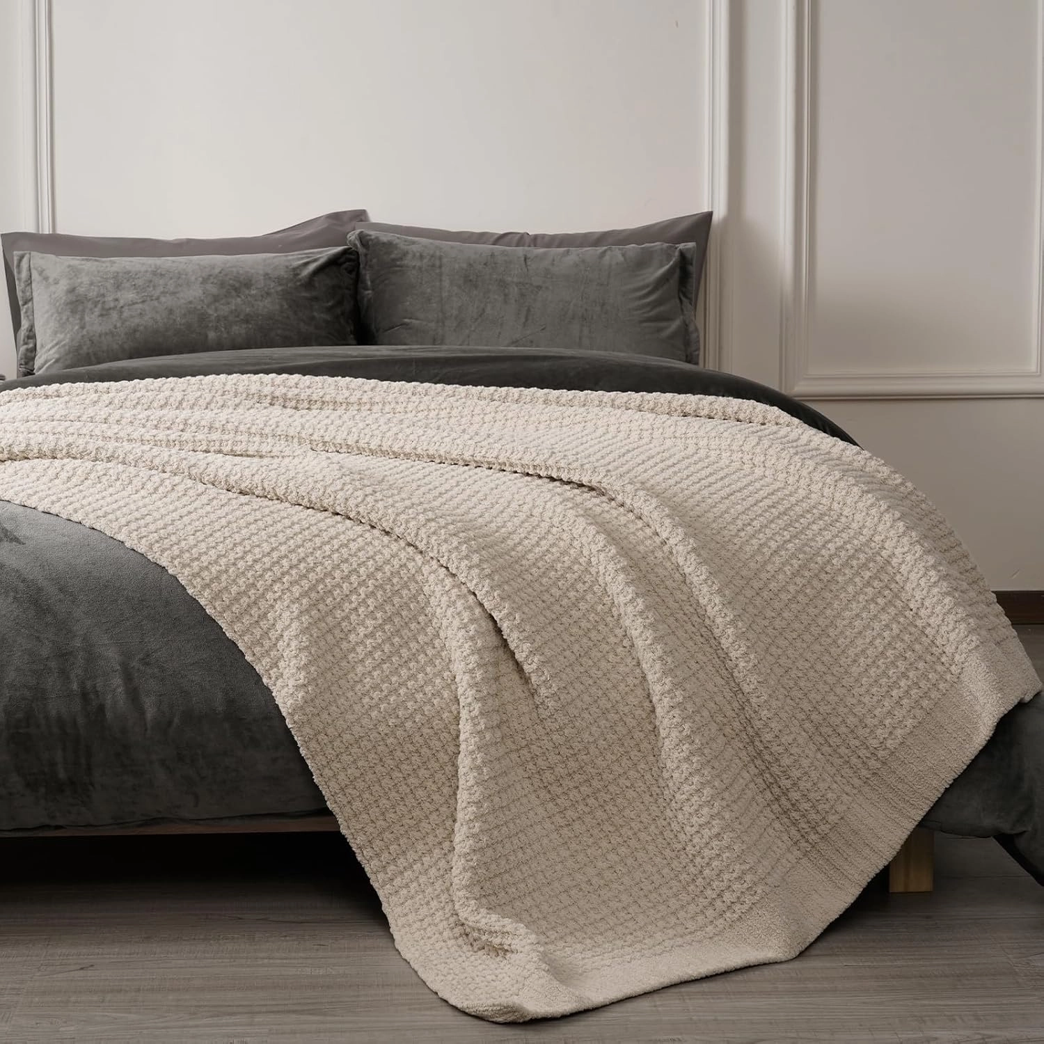 PHF Chenille Waffle Knit Blanket Twin Size- Plush Warm & Cozy 60" x 80" Ultra Soft Blanket- Chunky Fluffy Waffle Bedding for Home Decor - Natural