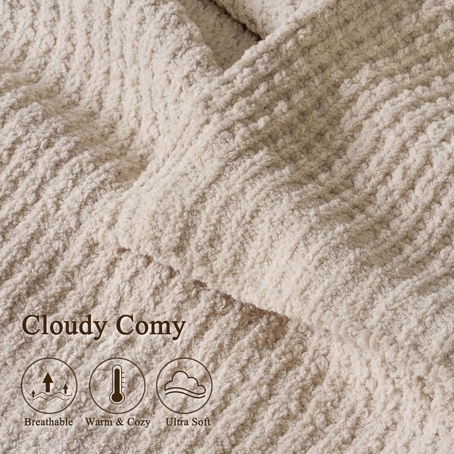 PHF Chenille Waffle Knit Blanket Twin Size- Plush Warm & Cozy 60" x 80" Ultra Soft Blanket- Chunky Fluffy Waffle Bedding for Home Decor - Natural