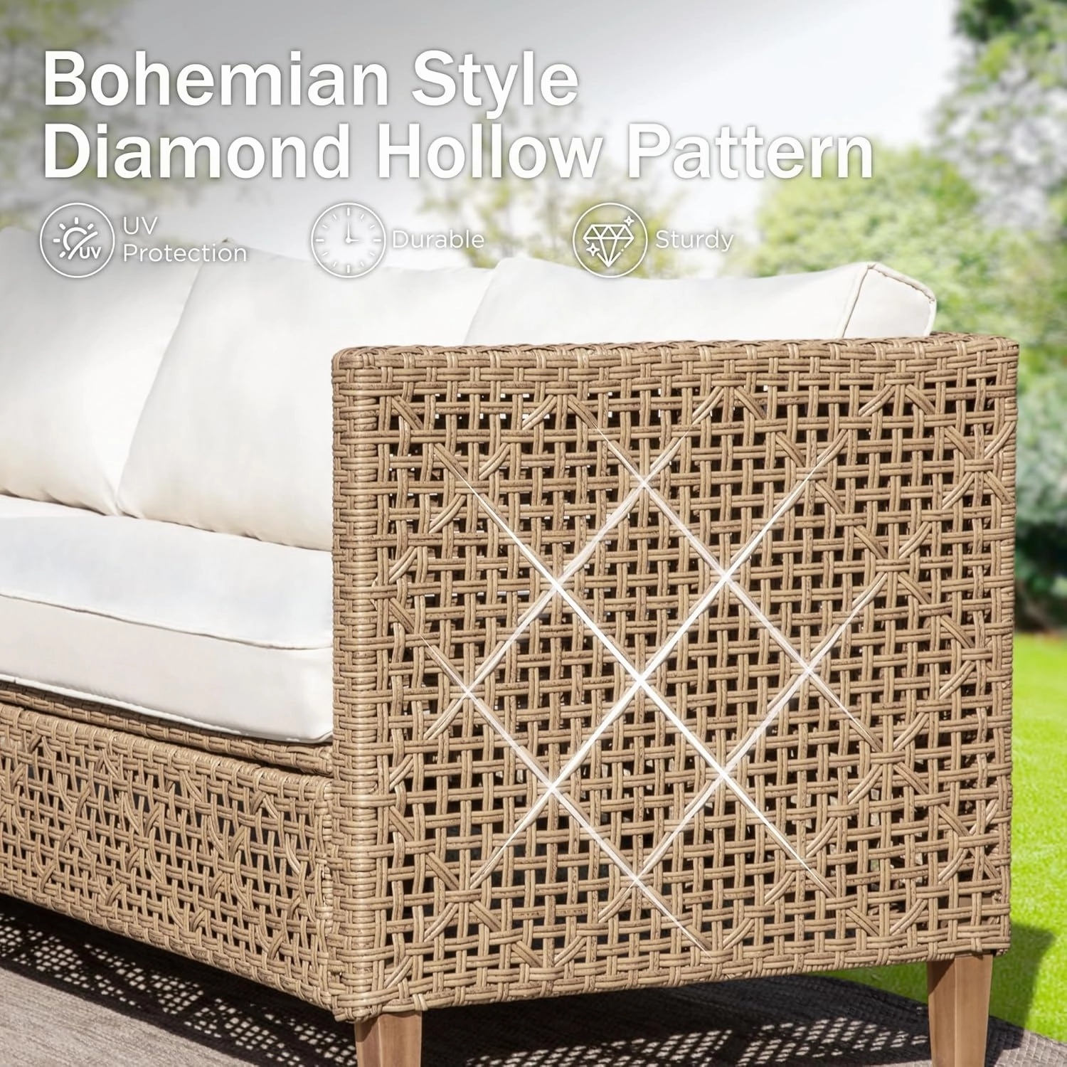 PHI VILLA Outdoor Wicker Patio Conversation Set, Acacia Wood Patio Chaise Longue Conversation Set with Coffee Table & Cushions Garden Furniture Sets