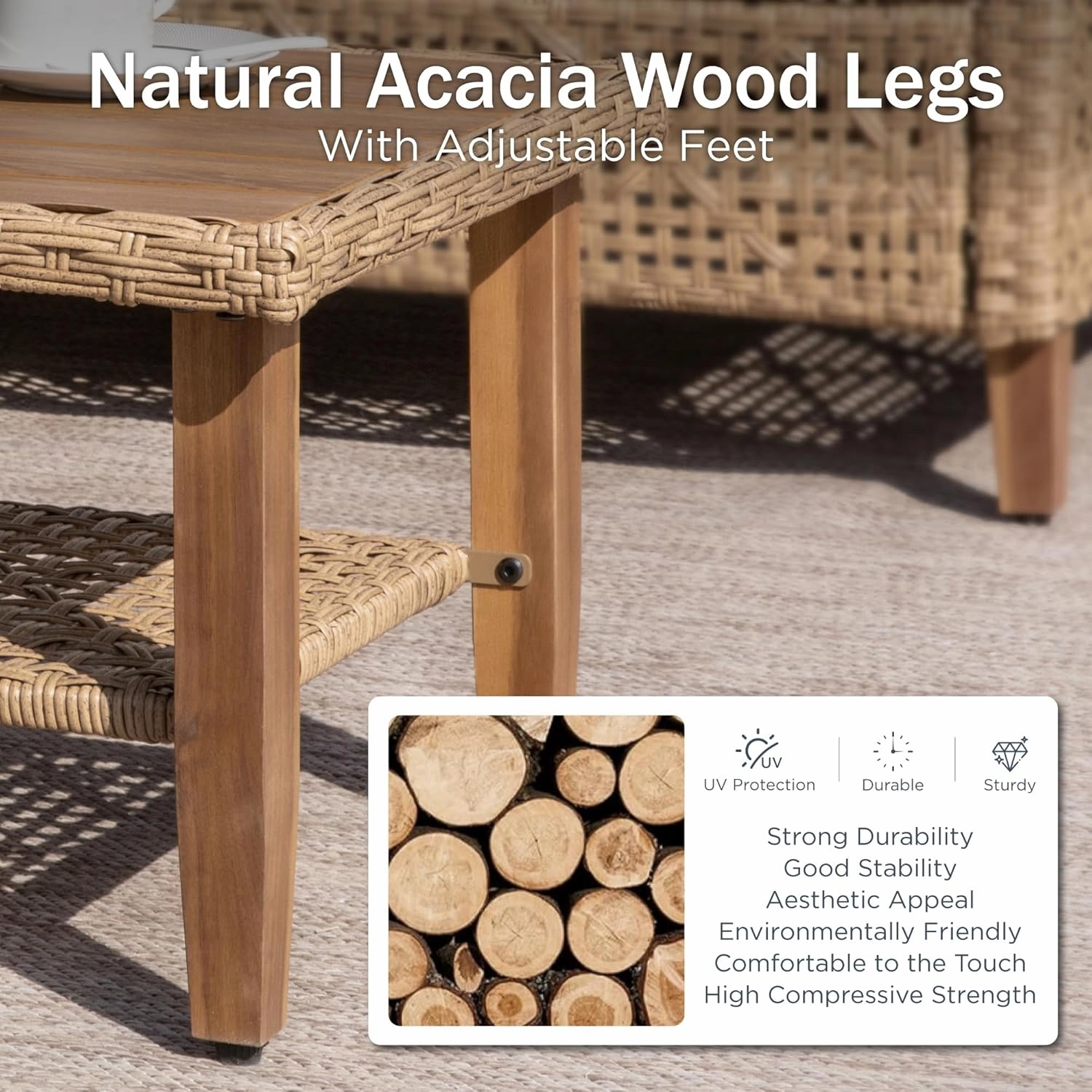 PHI VILLA Outdoor Wicker Patio Conversation Set, Acacia Wood Patio Chaise Longue Conversation Set with Coffee Table & Cushions Garden Furniture Sets