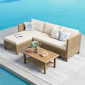 PHI VILLA Outdoor Wicker Patio Conversation Set, Acacia Wood Patio Chaise Longue Conversation Set with Coffee Table & Cushions Garden Furniture Sets