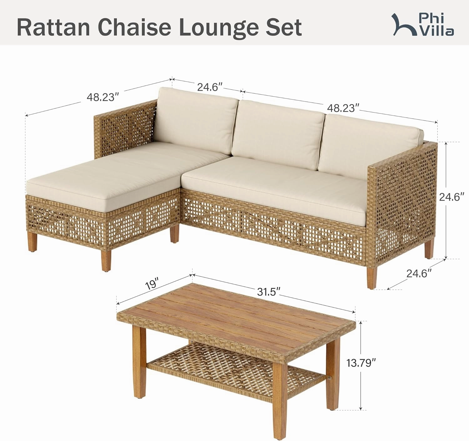 PHI VILLA Outdoor Wicker Patio Conversation Set, Acacia Wood Patio Chaise Longue Conversation Set with Coffee Table & Cushions Garden Furniture Sets