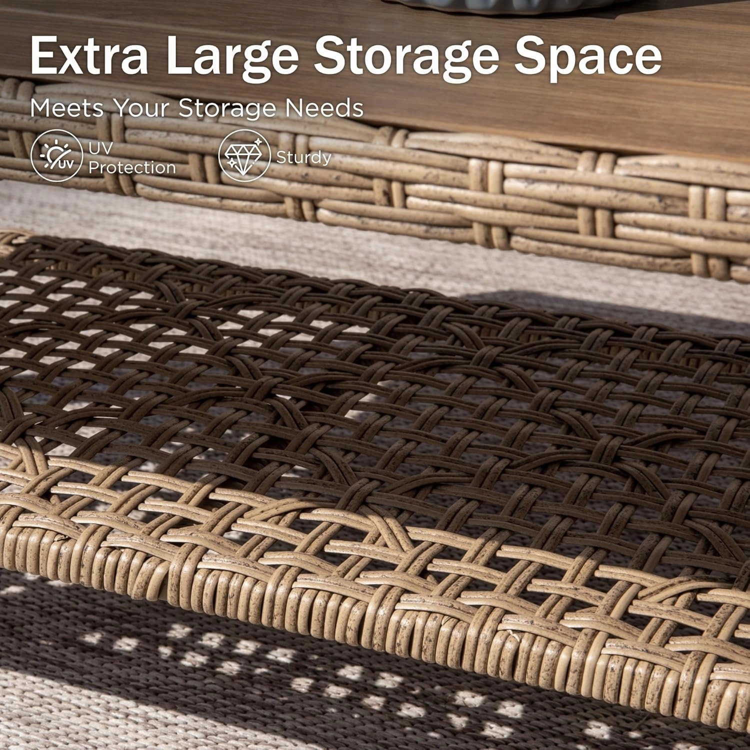 PHI VILLA Outdoor Wicker Patio Conversation Set, Acacia Wood Patio Chaise Longue Conversation Set with Coffee Table & Cushions Garden Furniture Sets