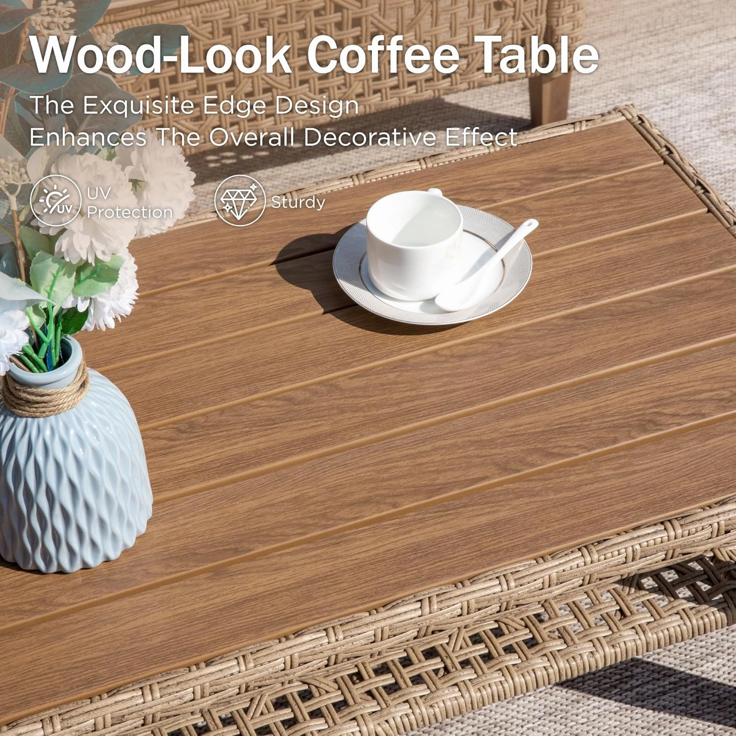 PHI VILLA Outdoor Wicker Patio Conversation Set, Acacia Wood Patio Chaise Longue Conversation Set with Coffee Table & Cushions Garden Furniture Sets
