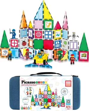 PicassoTiles 100pc Magnet Tile Construction Building Block Set with Carry Case Car Base Magnetic 8pc Characters Whiteboard Markers Idea Book Magnetized Toy Kit Playset Kids STEM Learning Age 3  PB01